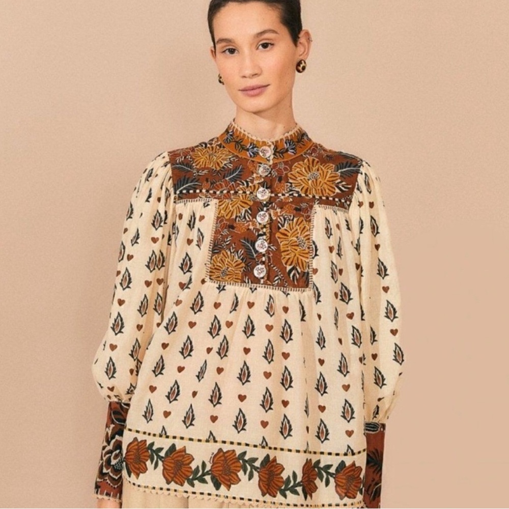 FARM Rio Cream and Brown Floral Blouse